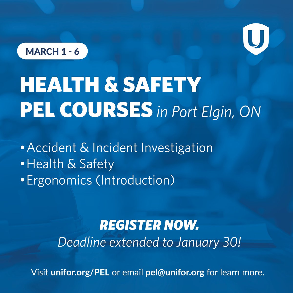 Register now for Paid Education Leave courses in Port Elgin taking place March 1–6! The registration deadline has been extended to January 30.

This is a full week of courses focused on protecting workers and building strong, confident union activists:
🧐 Accident &amp; Incident