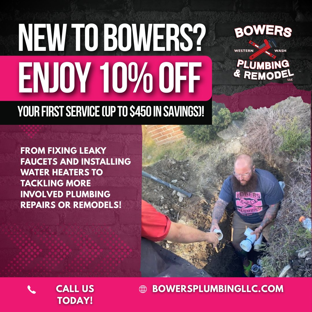 bowerspuyallup's tweet image. New to Bowers? We’re excited to welcome you! 🎉 Enjoy 10% OFF your first service (up to $450 in savings)! From leaks to remodels, our experts have you covered! 🛠️ Book today: 🌐 bowersplumbingllc.com 📞 #PlumbingSavings #BowersPlumbing #FirstTimeCustomer #JanuaryPromotion
