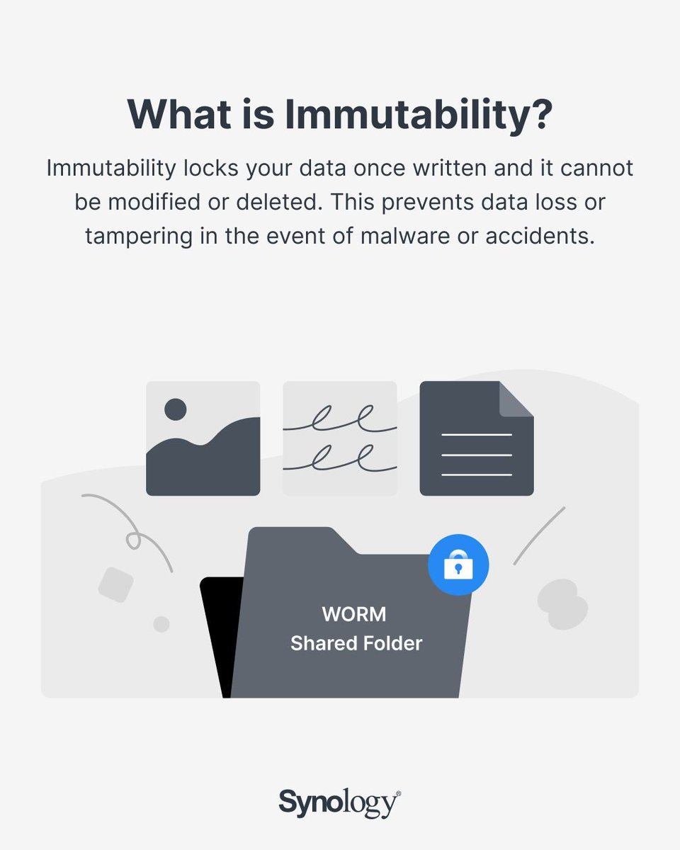 Synology's tweet image. Dive deeper into how WORM (Write Once, Read Many) technology works and how you can set it up on your Synology NAS. Learn more: sy.to/thy25                                 #techtip #encryption #networkattachedstorage #dataprivacy