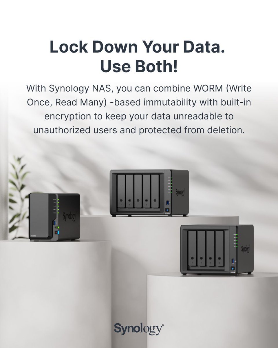 Synology's tweet image. Dive deeper into how WORM (Write Once, Read Many) technology works and how you can set it up on your Synology NAS. Learn more: sy.to/thy25                                 #techtip #encryption #networkattachedstorage #dataprivacy
