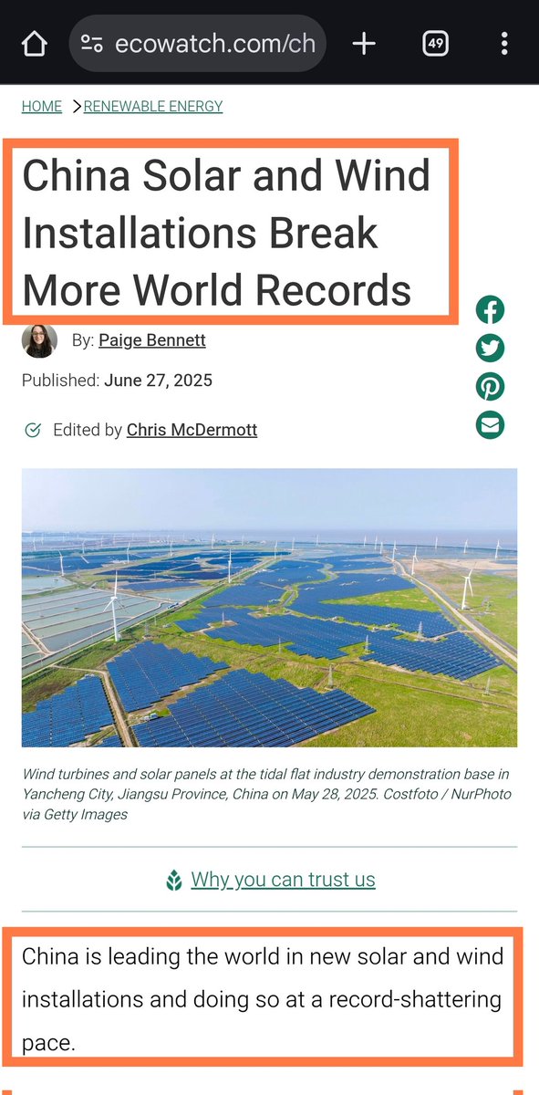 ToKnowOrNot's tweet image. Juanita doesn't know the facts. China continues to invest heavily in solar and wind energy.
ecowatch.com/china-solar-wi…