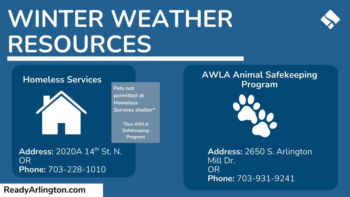ReadyArlington's tweet photo. Ahead of the weekend's expected ❄ winter weather:

Shelter is available for unhoused individuals through the County Homeless Services' Day Program (call 703-228-1010).

Pets are not permitted in the shelter, but @AWLAArlington offers a Safekeeping program (call 703-931-9241). https://t.co/LZXx9mhkyz