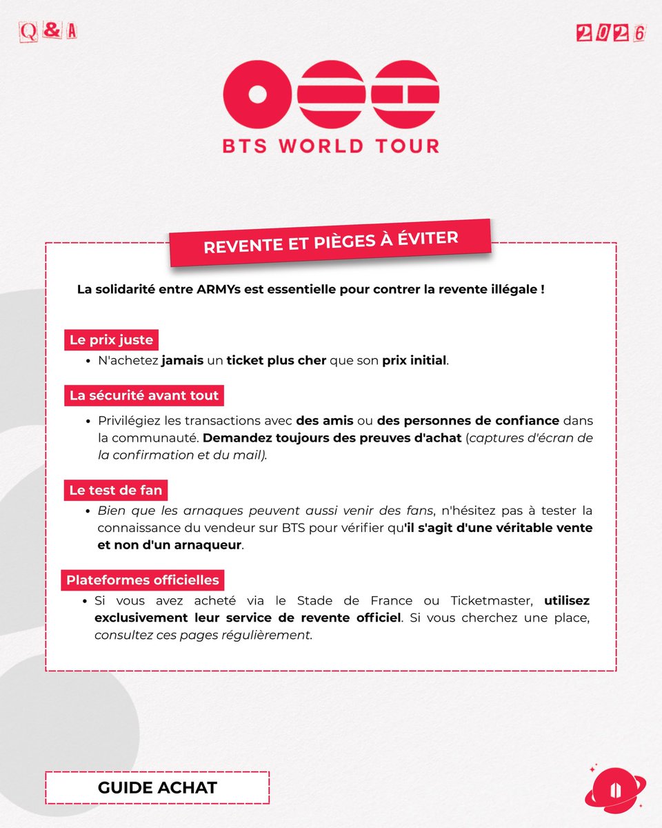 ARMYFRANCE_'s tweet image. [@BTS_twt x ARIRANG WORLD TOUR]

ARMYs 💜 | Revente de billets 

Vous cherchez, échangez ou revendez une place pour les concerts de BTS à Paris ? 🎟️

Ce post est dédié aux ARMYs : indiquez en commentaire ce que vous recherchez ou vendez ⤵️

⚠️ Restez vigilants face aux arnaques…