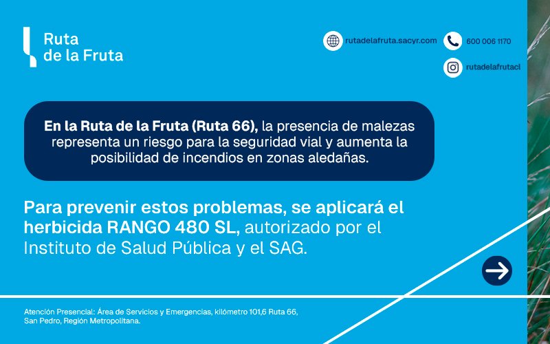 ¡Atención usuarios de Las Cabras, San Pedro y Santo Domingo! 📣

Entre el 26 de enero y el 26 de febrero, entre 22:00 y 06:00 horas, se aplicarán herbicidas para controlar malezas en #RutadeLaFruta, con el fin de reducir el riesgo de ocurrencia y propagación de incendios