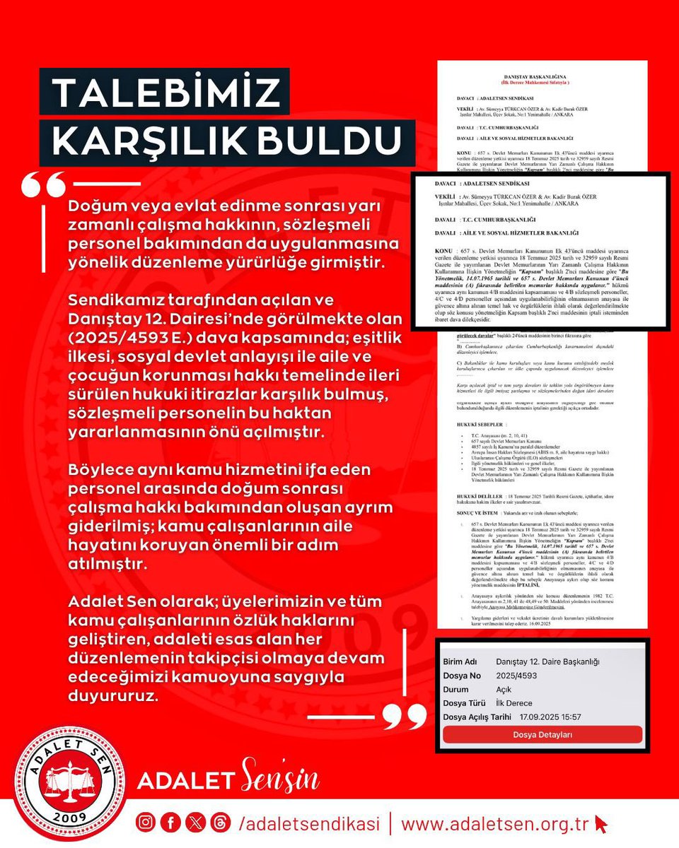 Doğum veya evlat edinme sonrası yarı zamanlı çalışma hakkının, sözleşmeli personel bakımından da uygulanmasına yönelik düzenleme yürürlüğe girmiştir.

Sendikamız tarafından açılan ve Danıştay 12. Dairesi’nde görülmekte olan (2025/4593 E.) dava kapsamında; eşitlik ilkesi, sosyal