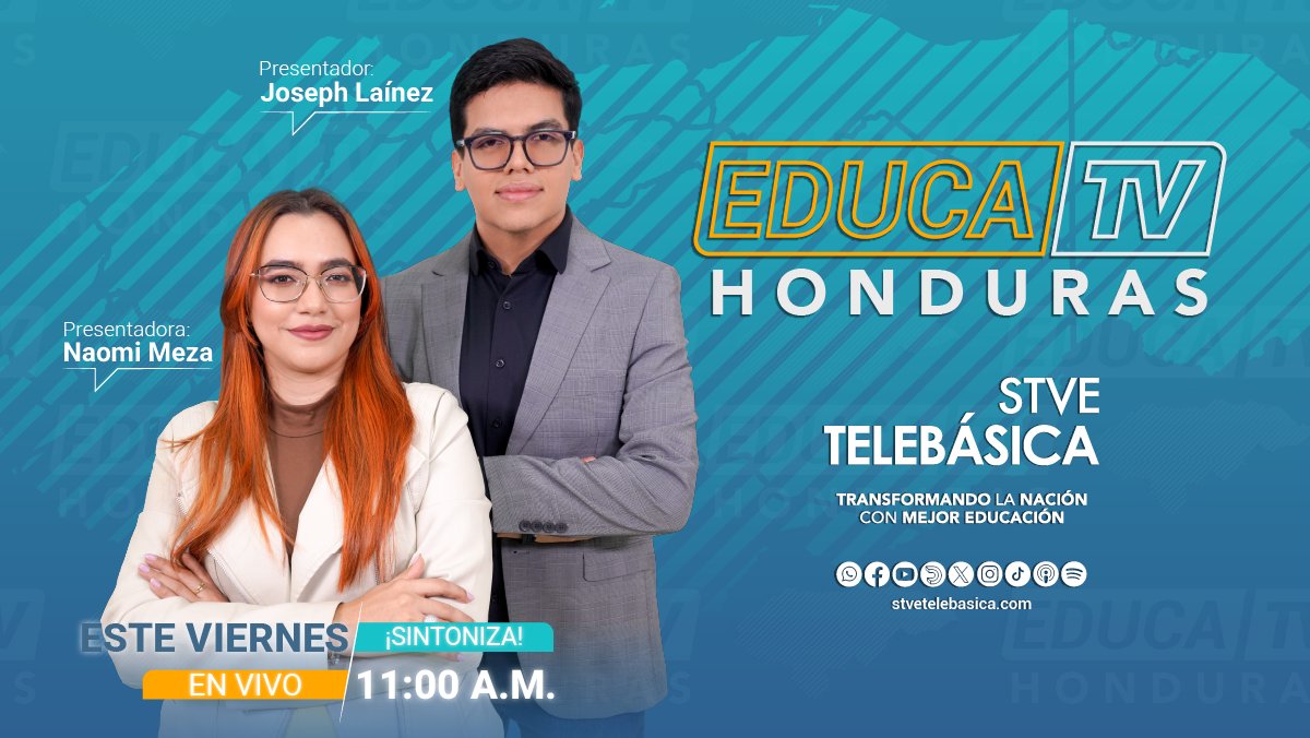 stvetelebasica's tweet photo. ¡Este viernes no te pierdas Educa TV! 📚
El único noticiero educativo de Honduras, creado para informar, educar y acompañar a nuestra comunidad.
🚨En vivo a través de Facebook y YouTube.
📆Viernes | ⏰11:00 a.m.
📺Solo por STVE Telebásica.
 #Noticias #Educación #STVETelebásica https://t.co/c93CafOBo2