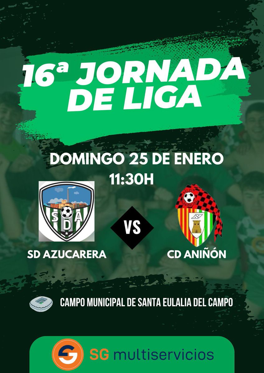 🚨💚 Azucarera vs Aniñón, comienza la segunda vuelta 

Los nuestros se desplazan hasta Santa Eulalia del Campo este fin de semana en busca de una victoria que por fin rompa esta mala racha de resultados. 

¡Os esperamos a todos! ¡Aúpa Aniñón! 💚🤍💚
