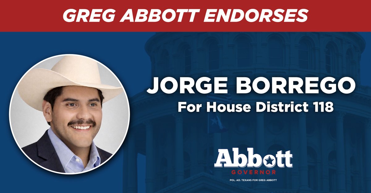 GovHotWheels_TX's tweet photo. Governor Abbott endorses Jorge Borrego for House District 118!

@jorgeborregotx is a determined conservative who will work to make South San Antonio safer and more affordable. https://t.co/vlkYNkbGRX