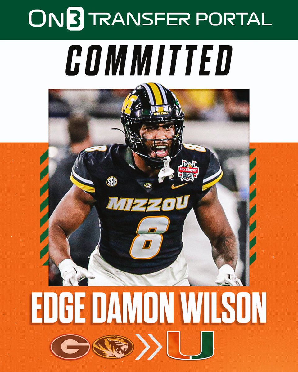 On3's tweet image. BREAKING: Missouri transfer EDGE Damon Wilson has committed to Miami, @PeteNakos reports🙌

on3.com/transfer-porta…