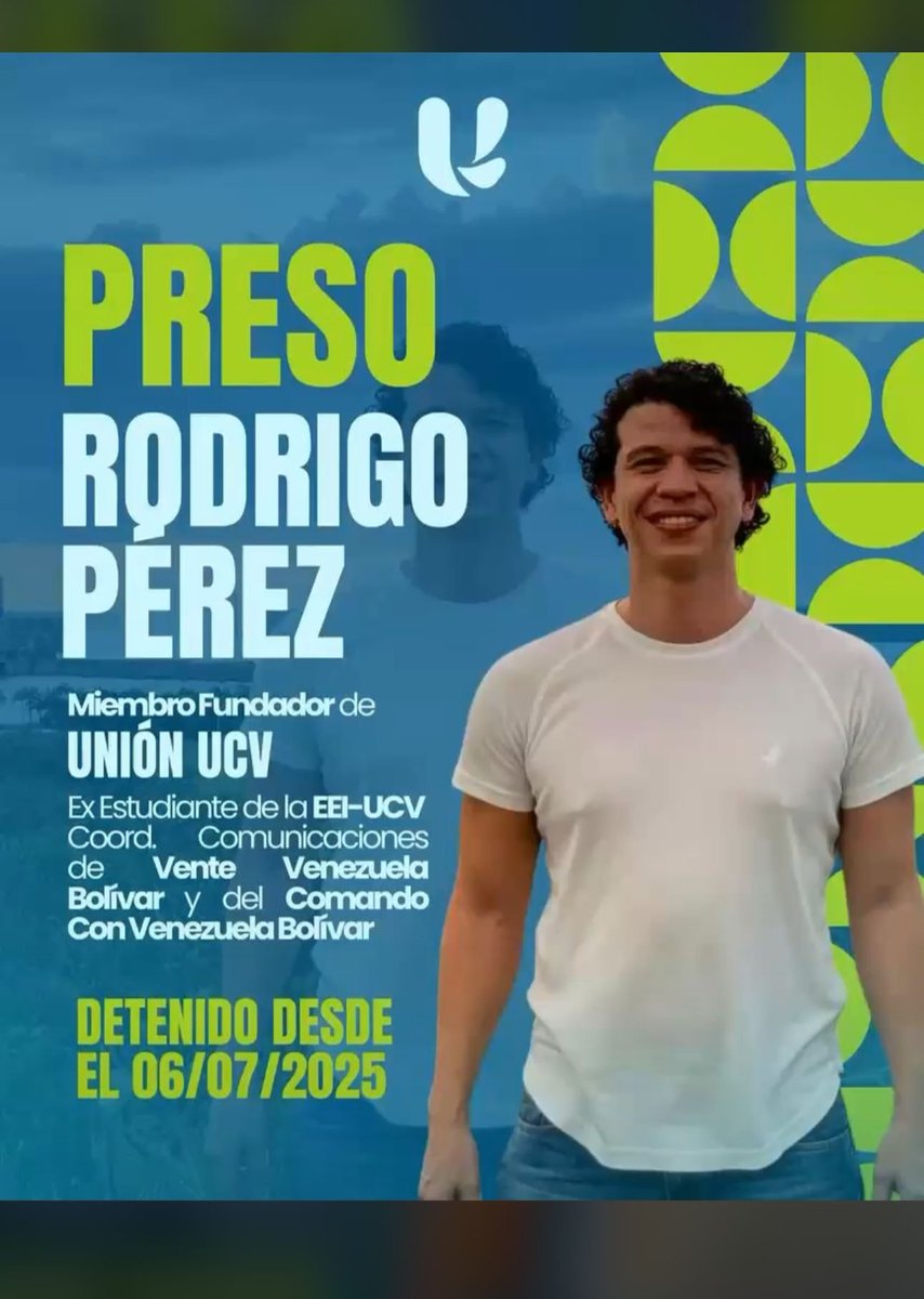 Narcorégimen mantiene en desaparición forzada a Rodrigo Pérez 

Rodrigo es el coordinador de comunicaciones de <a href="/VenteVenezuela/">Vente Venezuela</a> y <a href="/ConVzlaComando/">Comando ConVzla</a> en Bolívar. Fue secuestrado tras asumir la vocería y coordinación de las elecciones del #28Jul 2024 

Rodrigo está detenido desde el