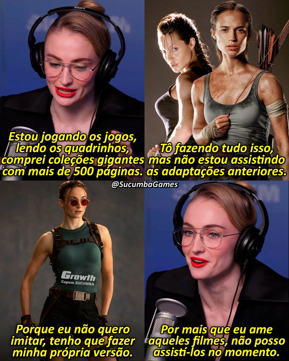 SucumbaGames's tweet image. Sophie Turner revelou que está estudando para o papel de Lara Croft por meio dos jogos e quadrinhos, evitando as adaptações cinematográficas para não imitar nenhuma versão.