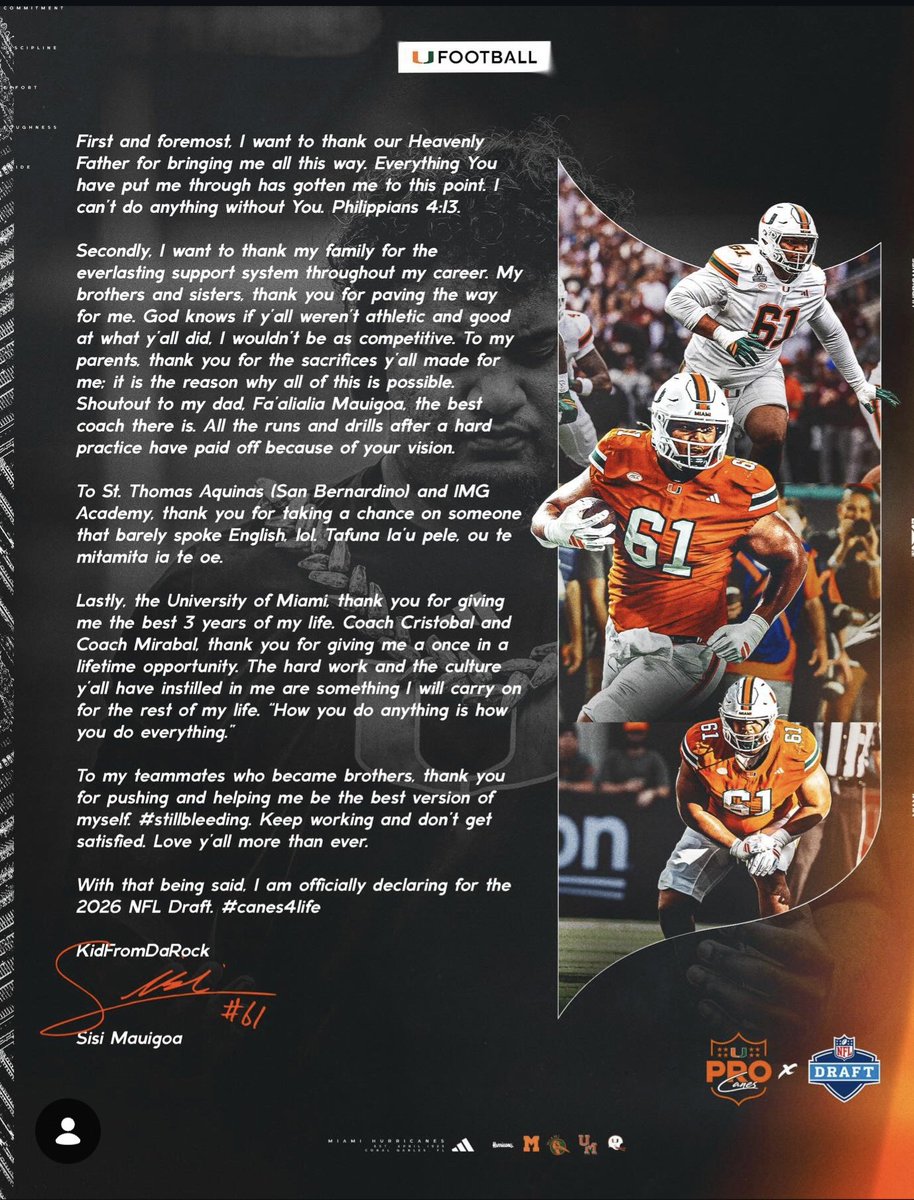 javiergarcia341's tweet photo. Thank you Francis Mauigoa for be part the CANES Nation and wish you best in the NFL https://t.co/5qndCKvk3H