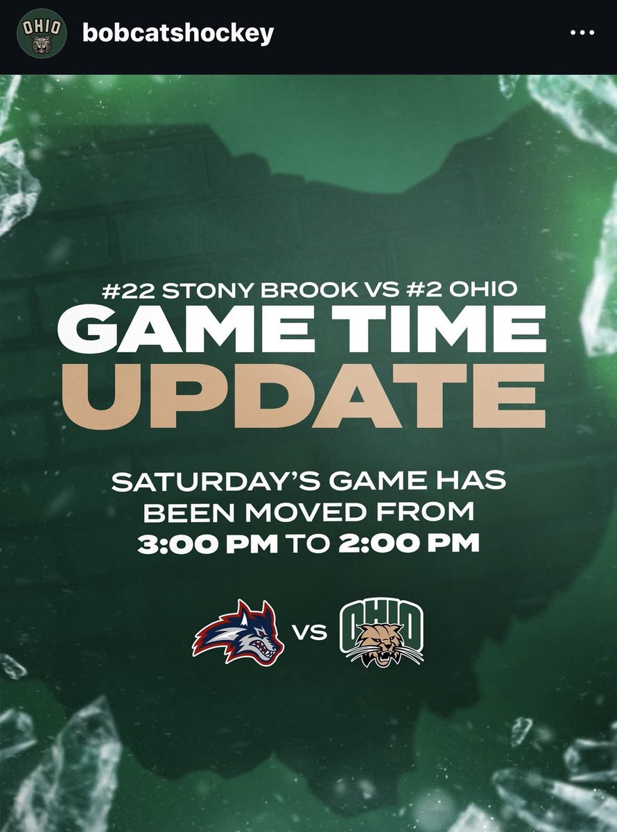 JakeCollins_87's tweet photo. @BobcatsHockey announced on Instagram that Saturday’s game will be moved up to 2:00pm

The stream will be on FloHockey for their matchup against Stony Brook https://t.co/LgG1vvJjea