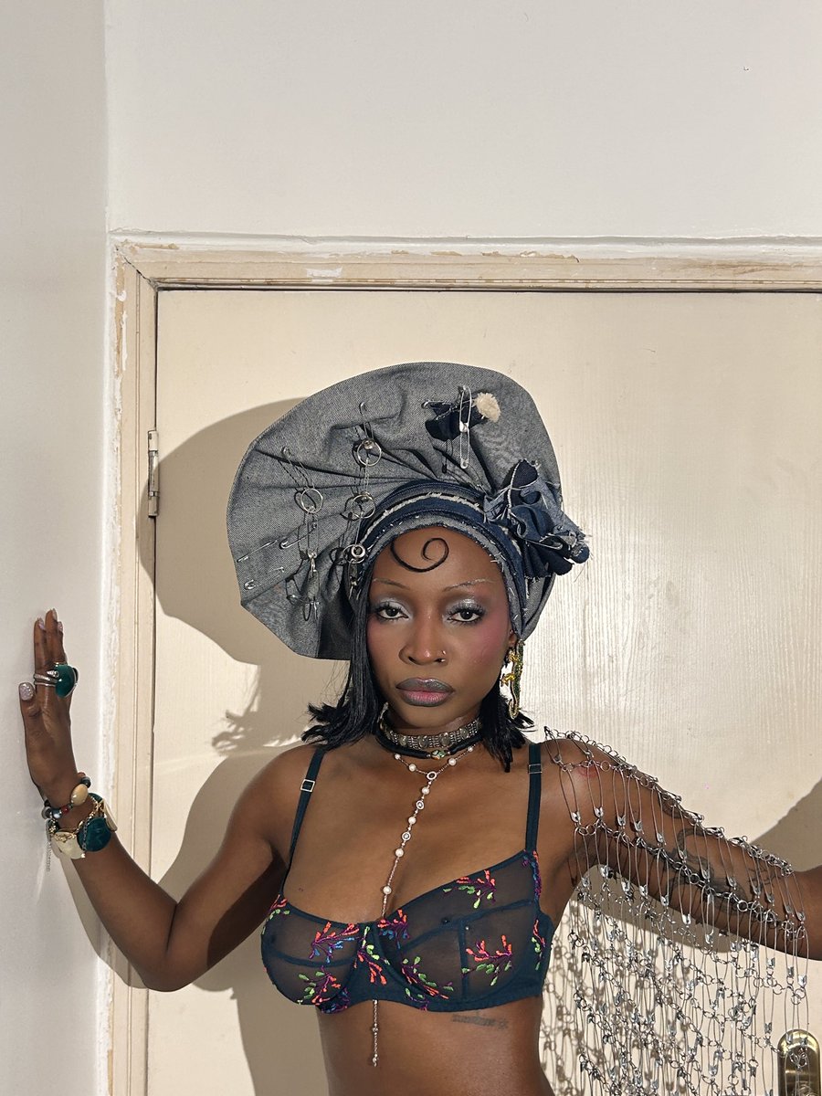 Ashley Okoli wearing custom made denim gele and safety pin ipele by BowoDiesAlone brand. (Handmade by me)