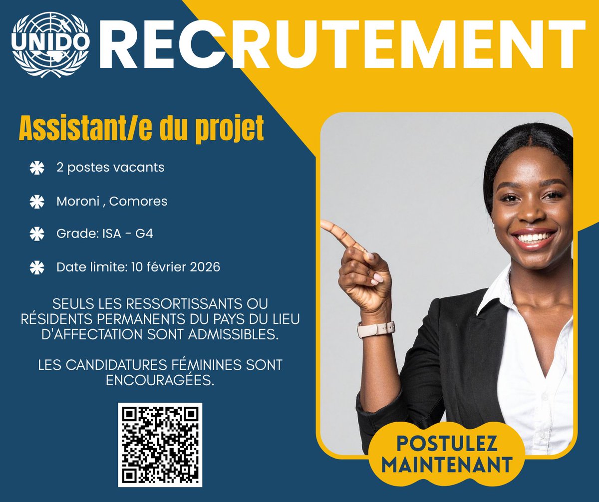 Vacance de poste – <a href="/UNIDO/">UNIDO</a>  
2 Assistant·e·s de projet (ISA-G4) à #Moroni
Candidatures ouvertes jusqu’au 10 février 2026
careers.unido.org/job/Moroni-Ass…
#Recrutement #UNJobs @Comoresinfos <a href="/alwatwancomores/">Al-watwan</a> <a href="/Gazette_Comores/">LaGazettedesComores</a>