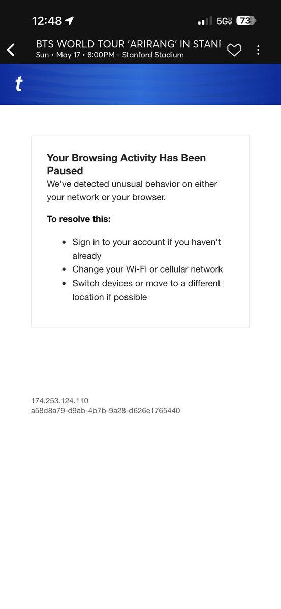 Shae_V_00's tweet photo. I have been labeled a bot by Ticketmaster and haven’t been able to get into my account all day. All three of my presale accesses are done. No tickets to show and I doubt it’ll even let me in to try for general sale. I’m genuinely fucking heartbroken. https://t.co/by91f6JAGn