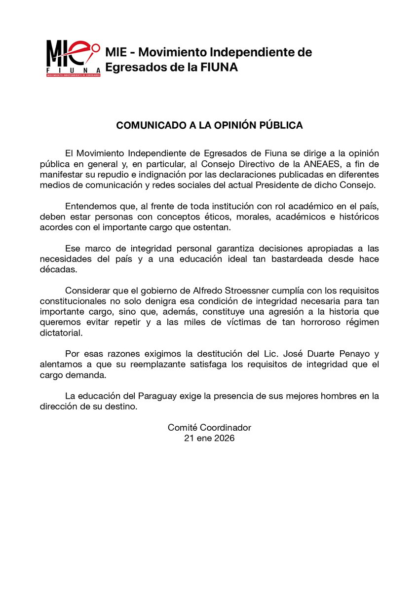 Referente a las declaraciones del presidente de la ANEAES