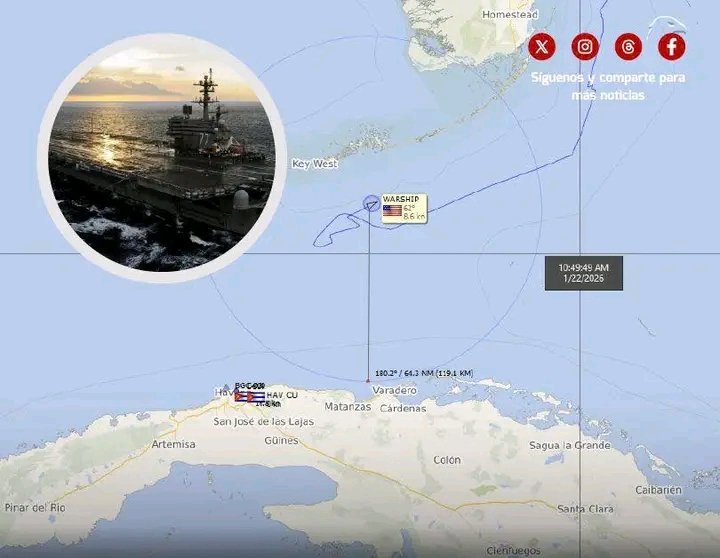 CubanGhostAir's tweet photo. Según datos el USS George H.W. Bush se encuentra efectivamente a aproximadamente 60 millas al norte de Cuba, en el Estrecho de Florida ahora mismo a parecer están haciendo entrenamientos de aterrizaje sobre el portaaviones 
@Arr3ch0 @FlconEYES @flightradar24 @AirAssets https://t.co/Yfu6RoqshZ
