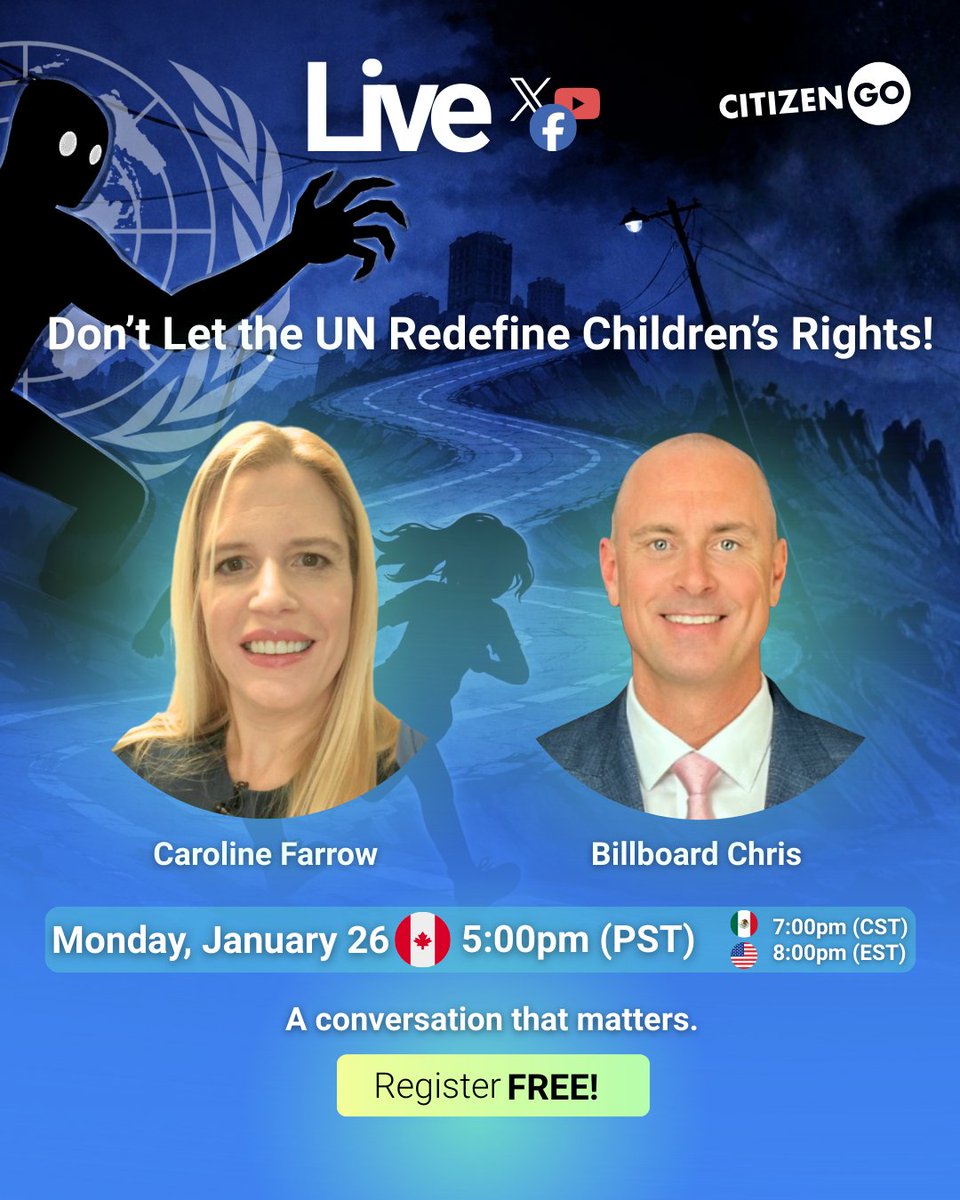 CitizenGO's tweet image. 🚨 Did you know the UN is pushing policies that allow children to change their sex without parental consent?

This Monday, we’ll talk about it with @BillboardChris  and @CF_Farrow, we’ll break down what’s happening and why it matters.

📲 Join us live across all our social…