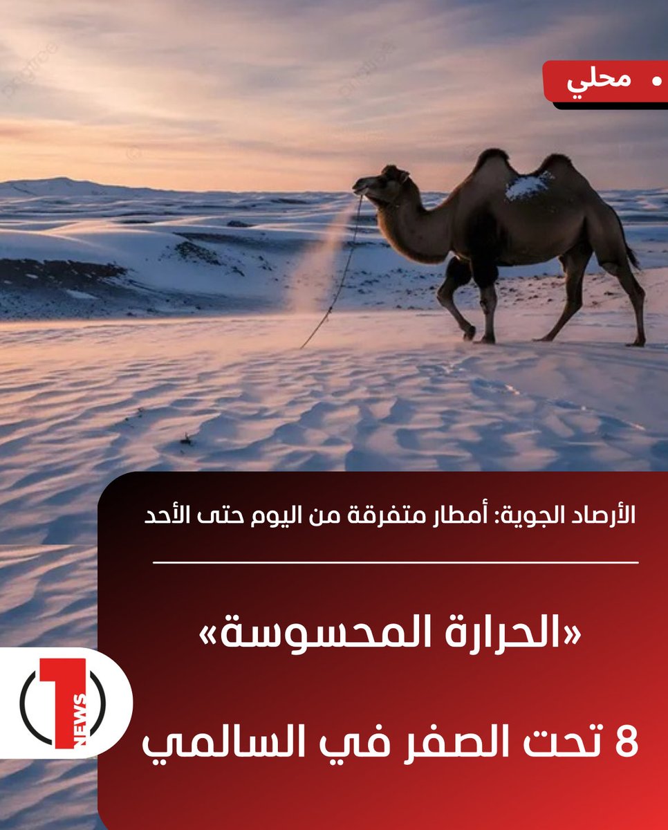 إدارة الأرصاد الجوية:
أمطار متفرقة من اليوم حتى الأحد .. تزداد شدتها الجمعة وقد تكون رعدية من مساء السبت.
• «الحرارة المحسوسة» سجلت 8 تحت الصفر.. في السالمي