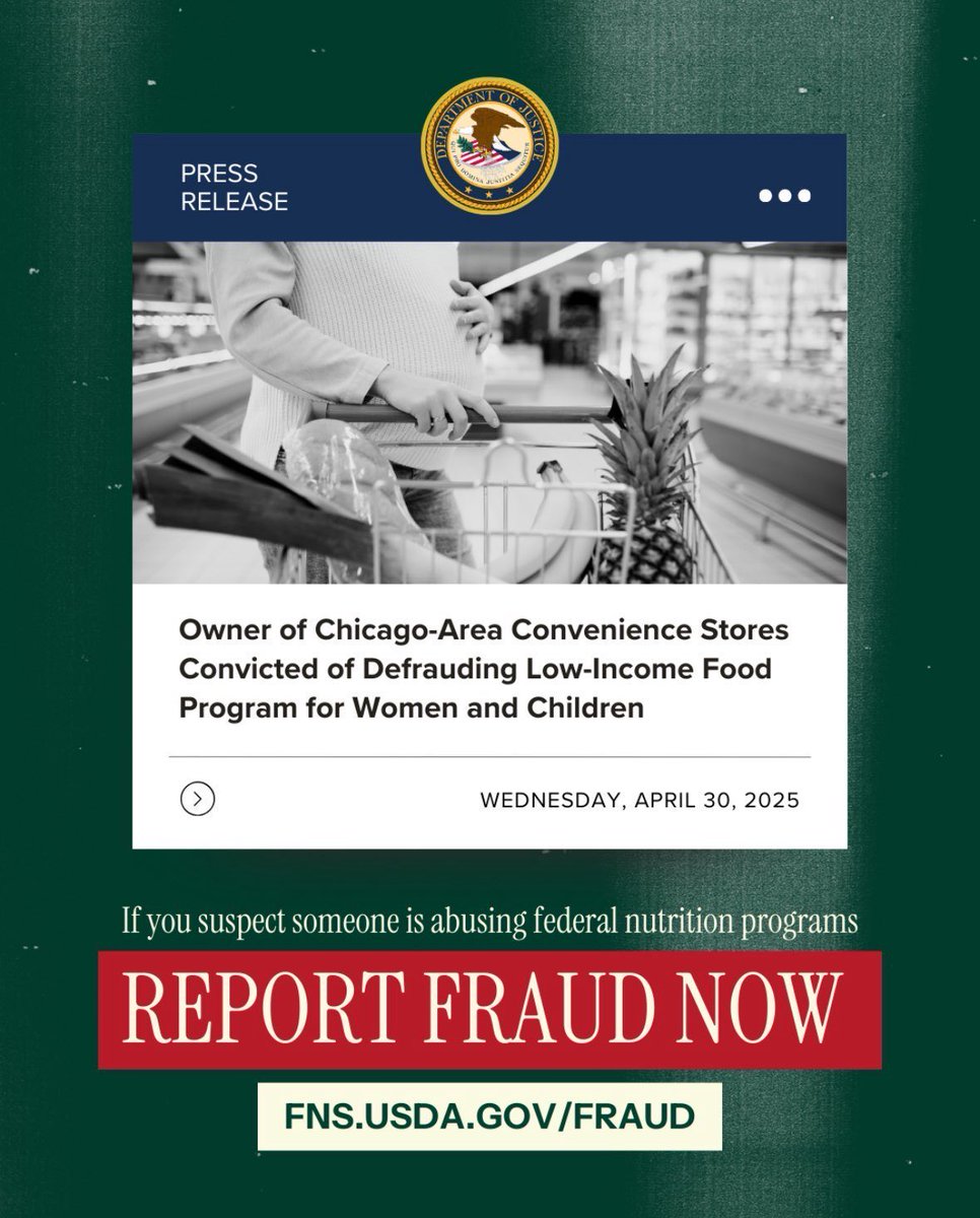SecRollins's tweet image. You can report SNAP Fraud in your own communities just like this Chicago-area fraudster stealing from low-income nutrition programs for women and children!

Report fraud at fns.usda.gov/fraud
