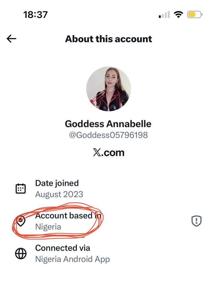 If you click on the >  it takes you to a page that shows the true location of where the account holder lives. So this fake account that is using <a href="/Lady__Annabelle/">⛓️ Lady Annabelle ⛓️</a> photos, states they are Florida based but is actually from Nigeria!  Be more careful and check this info! 👍🏻😊