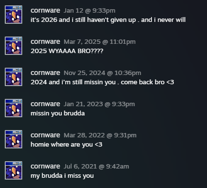 c0rnware's tweet photo. @shibashful a steam friend of mine hasn't been online since lockdown began. i've been commenting on his profile for like 5 years. apparently last year he came online to play like 1 game for a while but unfortunately i missed it and he's been offline ever since https://t.co/clmQSnB5aR