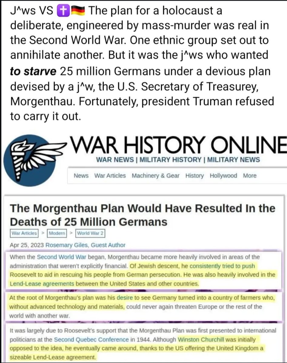 MCommandCEO's tweet image. #Jewish politicians under the #MorgenthauPlan proposed to #America were explicitly trying to enslave the population of #Germany while causing MILLIONS to die of #Famine very intentionally just like #Jew controlled Russia. #American president #Truman stopped them. #Morgenthau #WW2