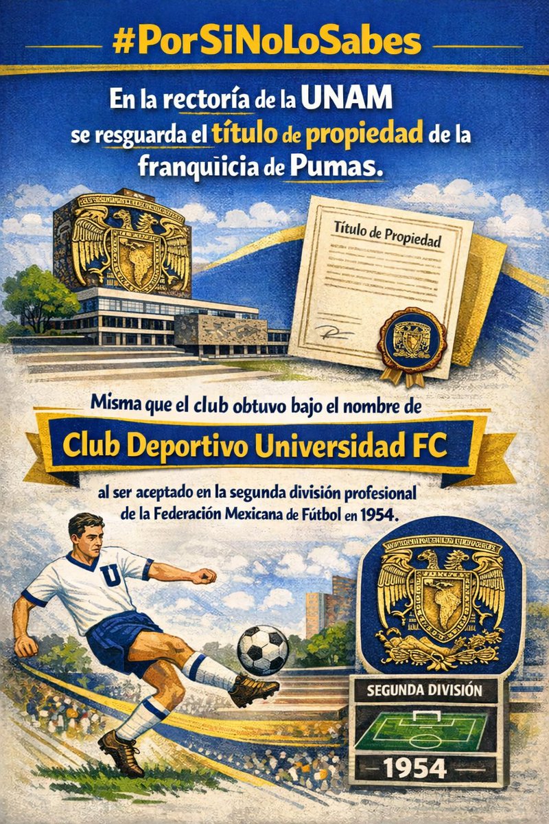 #PorSiNoLoSabes 
En la rectoría de la <a href="/UNAM_MX/">UNAM</a> ,se resguarda el título de propiedad de la franquicia de Pumas, misma que el club obtuvo bajo el nombre de Club Deportivo Universidad FC, al ser aceptado en la segunda división profesional de la Federación Mexicana de Fútbol en 1954.