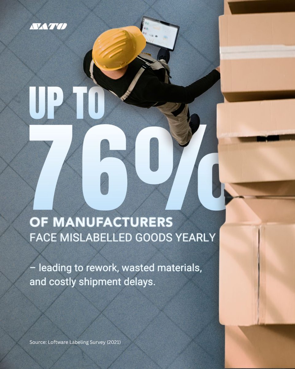 SatoAutoIDMY's tweet photo. Up to 76% of manufacturers face mislabeled goods each year. Impact? Rework, wasted materials &amp; delayed shipments. When precision matters, automation becomes the standard. Not as a backup, but as the foundation. We are about to reveal the automation that empowers future workplace. https://t.co/suEryXvaWi
