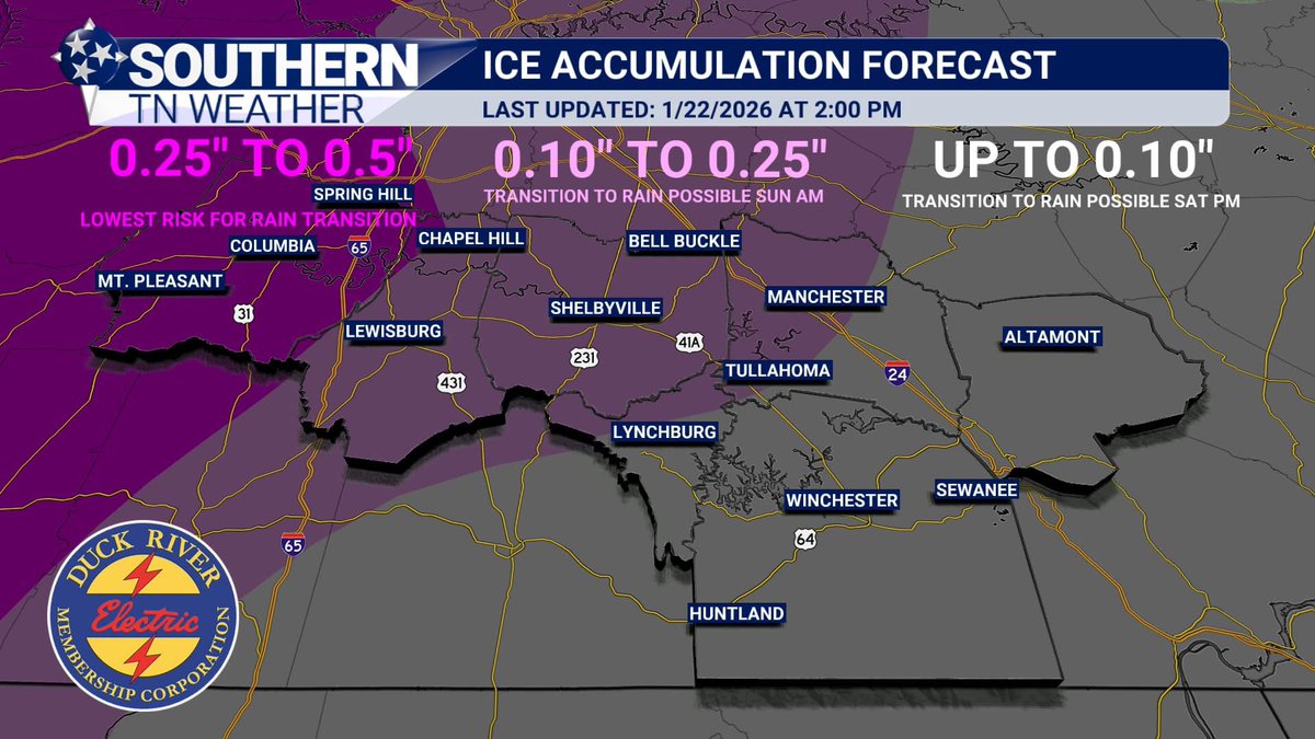 IN CASE YOU MISSED IT: Here’s a quick rundown on the latest forecast for this weekend.
An impactful winter storm is expected to impact Southern Middle Tennessee. A Winter Storm Warning is in effect for Bedford, Coffee, Grundy, Marshall, and Maury Counties. A Winter Weather