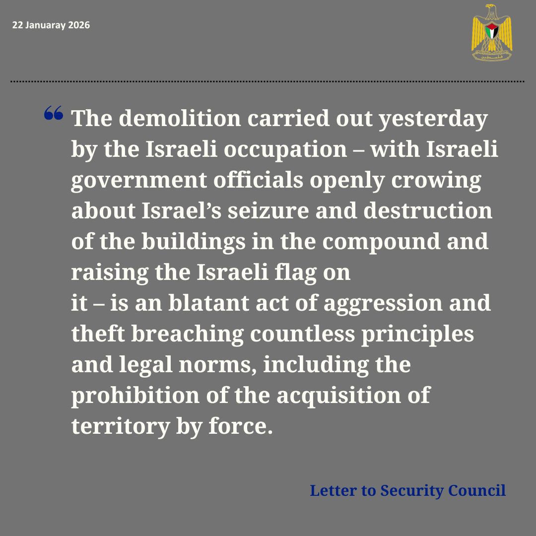 QudsNen's tweet image. In a letter addressed to the UN Security Council, the State of Palestine urges the body to take action and hold Israel accountable for repeated attacks on the United Nations and its institutions, including UNRWA.