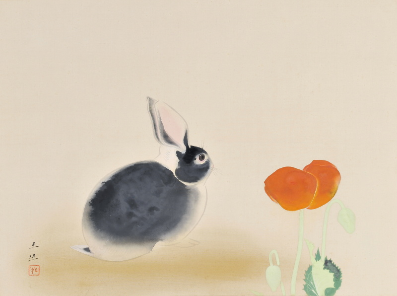 #LOVEいとおしい展 オリジナル和菓子「福うさぎ」

奥村土牛《兎》(#山種美術館)をモティーフに、こしあんをシナモン風味の練切りで包みました。 
胡麻入りの白あんで形作った兎と、ポピーをハートに見立てた錦玉羹が愛らしい一品です。

#カフェのある美術館