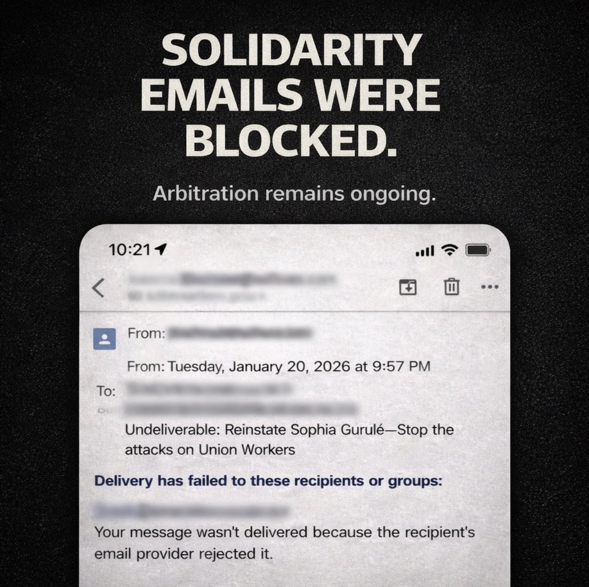 BxDUnion's tweet photo. We remain steadfast in supporting targeted members. But this week @bronxdefenders appeared to block worker-mgmt comms by rejecting solidarity emails in support of targeted workers like Sophia, whose arbitration remains ongoing ~7 months after she was unjustly fired. (1/2) https://t.co/q7AKLA8jPx