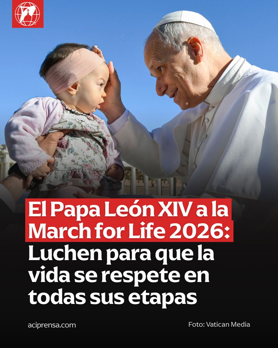 aciprensa's tweet photo. El Papa León XIV envió un especial mensaje a la March for Life 2026, en el que animó a los participantes a dar este testimonio público en defensa de la vida, luchando para que sea respetada en todas sus etapas.

León XIV alentó “especialmente a los jóvenes, a seguir luchando para garantizar que la vida sea respetada en todas sus etapas mediante esfuerzos adecuados en todos los niveles de la sociedad, incluido el diálogo con los líderes civiles y políticos”.

“Les expreso mi aprecio de corazón y les aseguro mi cercanía espiritual mientras se reúnen para dar este elocuente testimonio público”, escribió el Santo Padre en su mensaje dado a conocer este jueves 22 de enero por la Oficina de Prensa del Vaticano.

En su mensaje, el Papa recuerda que en su discurso a los diplomáticos el 9 de enero, destacó que “la tutela del derecho a la vida constituye el fundamento imprescindible de cualquier otro derecho humano” y que “una sociedad sólo está sana y desarrollada cuando protege la sacralidad de la vida humana y se esfuerza activamente por promoverla”.

En su saludo de hoy, el Papa León deseó para los asistentes de la marcha “que Jesús, que prometió estar siempre con nosotros (cf. Mt 28, 20), los acompañe hoy en vuestra valiente y pacífica marcha en favor de los niños no nacidos. Al defenderlos, sepan que están cumpliendo el mandato del Señor de servirle en los más pequeños de nuestros hermanos y hermanas (cf. Mt 25, 31-46)”.

El texto, con fecha 17 de enero, concluye con el Papa encomendando a los participantes “a la intercesión de María Inmaculada, Patrona de los Estados Unidos de América” e impartiendo su bendición.