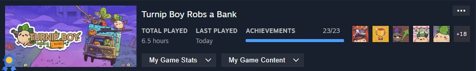 patolas565's tweet photo. Turnip Boy Robs a Bank 100%
7/10
Fun little goofy game com bué referências e um gameplay loop bué fire
Não adorei o RNG das portas que dificultou desnecessariamente o 100% https://t.co/zxTu8oYOmX