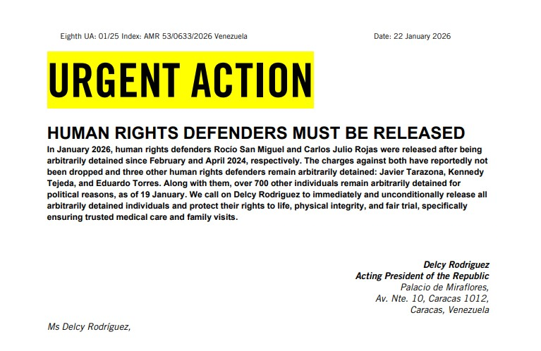 Amnistía Internacional lanza acción urgente mundial por la libertad de los defensores de derechos humanos:

◾️ Javier Tarazona
◾️ Eduardo Torres 
◾️ Kennedy Tejeda

Actúa amnest.info/22ene por la liberación de todas las personas detenidas por motivos políticos en Venezuela