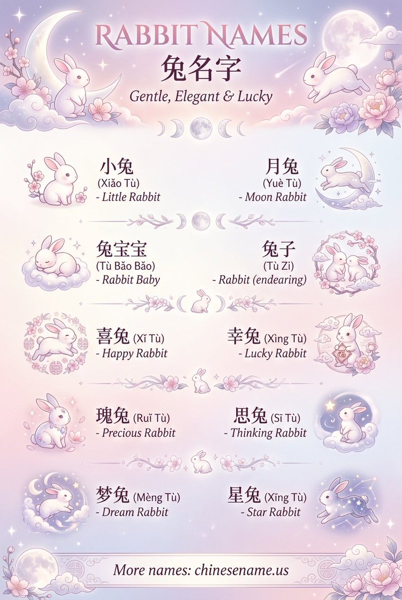 yangjerry666's tweet image. Gentle souls &amp;amp; lucky charms! 🐰✨

Discover beautiful Chinese names inspired by the Rabbit (兔). Symbolizing kindness, elegance, and pure good fortune. Perfect for a name full of grace.

Find your sweet name here: 🔗 chinesename.us

#ChineseNames #LuckyNames