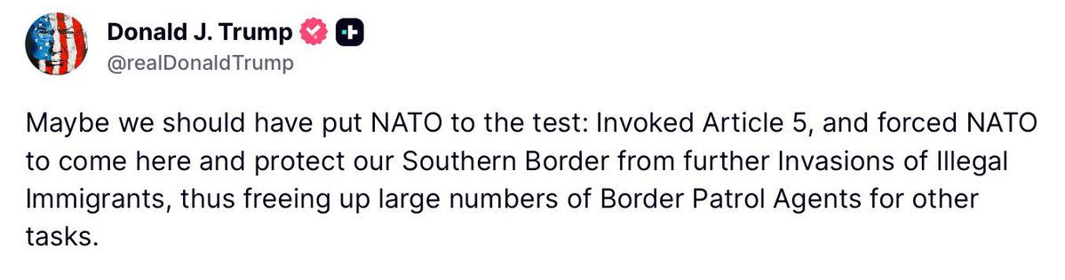 MAGALieTracker's tweet image. BREAKING: We knew Donald Trump didn’t know what Article 5 actually says and he is proving that in real time. Migrants coming to the United States - Mexico border is not an “armed attack.”