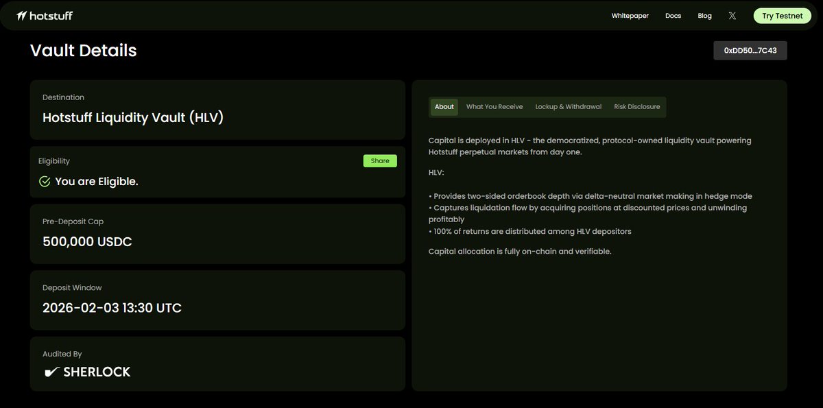 Hotstuff HLV 사전 예치 안내

✅ 세부 사항
- 시작: 26/2/3 22:30 (KST)
- Cap: 500,000 USDC
- 1:1로 HLV 전환
- 참가자 포인트 배율 적용
- HLV 수익 산정에 첫날부터 포함
※ HLV = 돈을 담아두면서 굴리는 금고

✅ FAQ
• 메인넷 이전에 자금을 인출할 수 있나요?
아니요. 사전 예치금은 메인넷