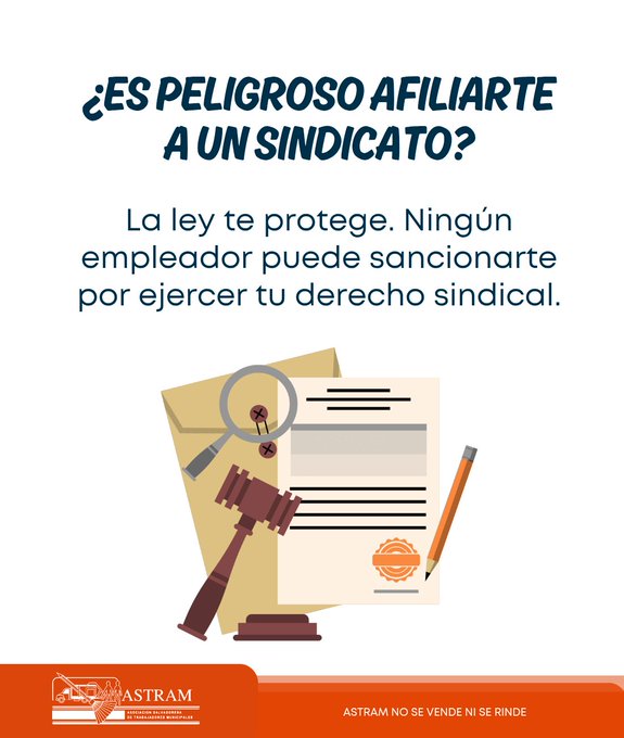 ASTRAMcomunity's tweet image. La ley te protege: ningún empleador puede sancionarte ni despedirte por ejercer tu derecho sindical.  Afiliarte, organizarte o participar en actividades sindicales es un derecho constitucional y laboral.  

¡Defiende tus derechos con confianza y sin miedo!