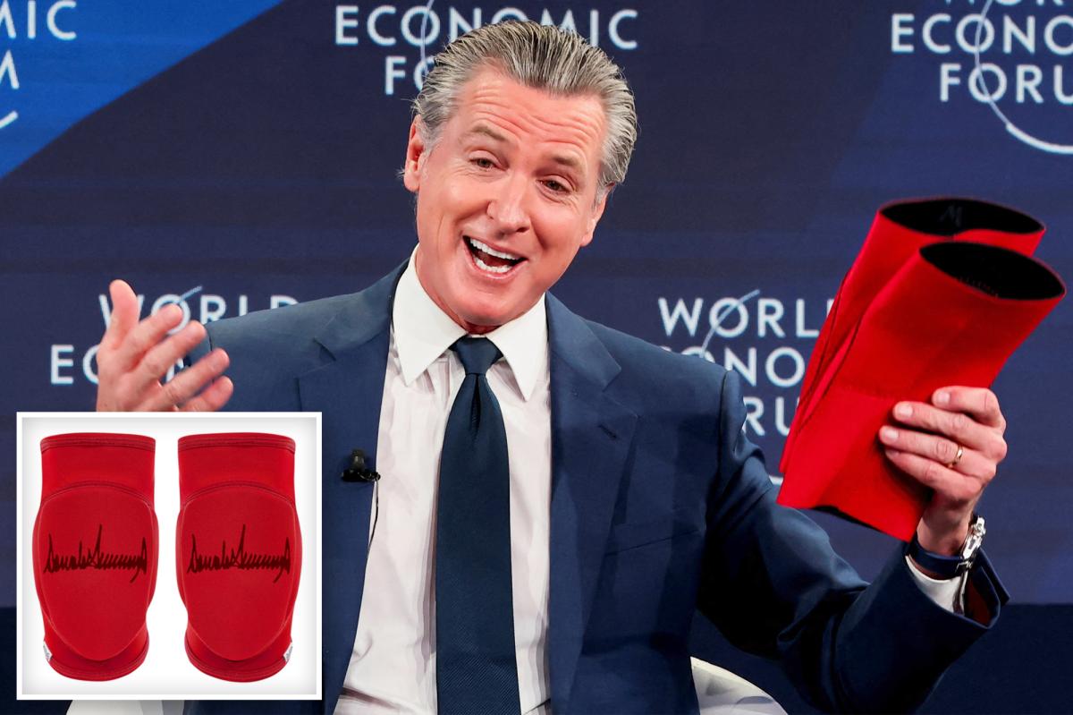nypost's tweet image. Gavin Newsom hawking $100 kneepads on his website featuring president’s signature —as he continues crude anti-Trump schtick trib.al/qaGoaRw