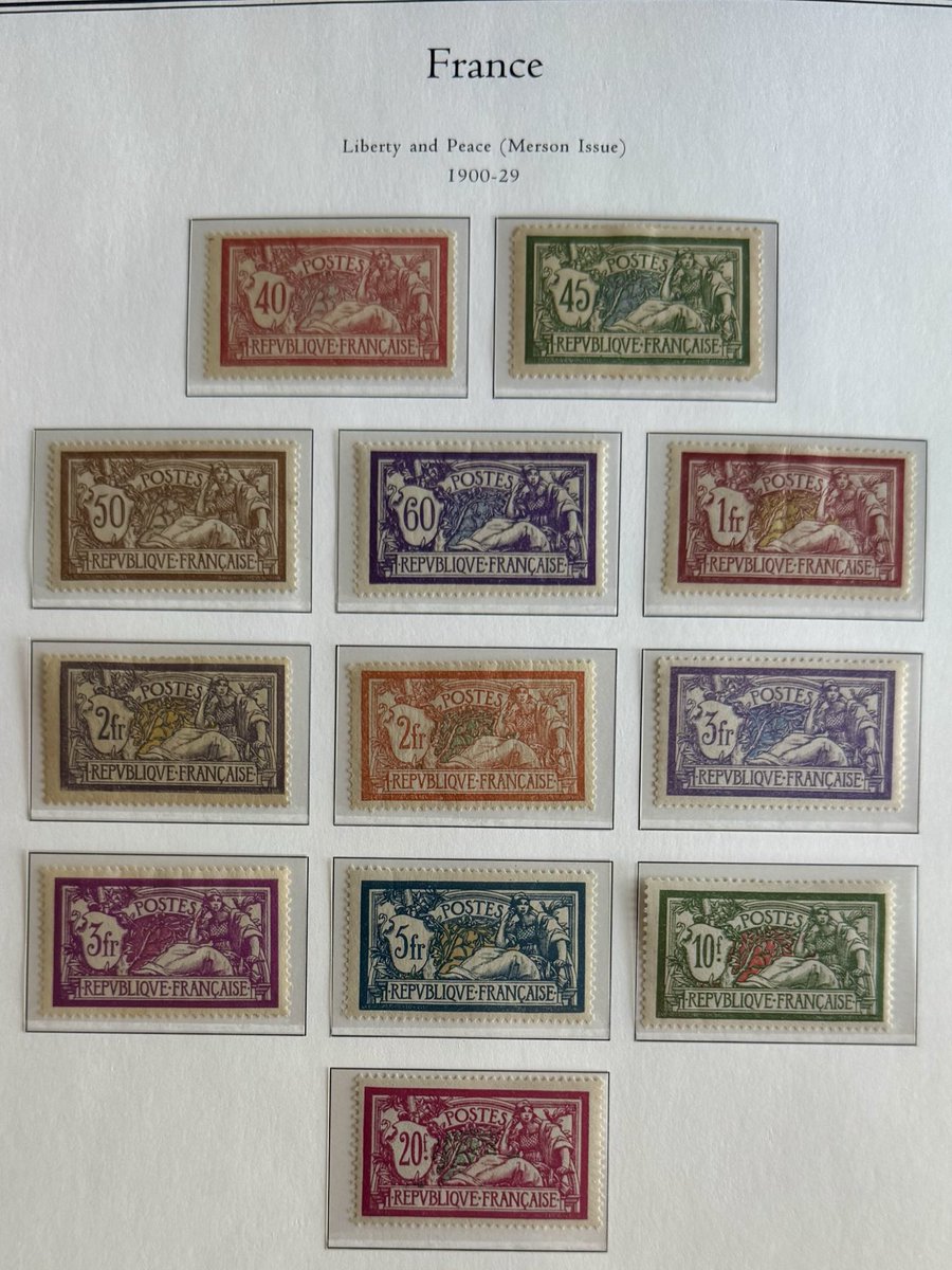 Always nice to complete a page. I had the full set except for the 10 franc, which I had used, and found a nice unused example in an APS circuit today - along with a few other upgrades. Liberty and Peace issue of 1900 - 1926.  Scott # 121 - 132.