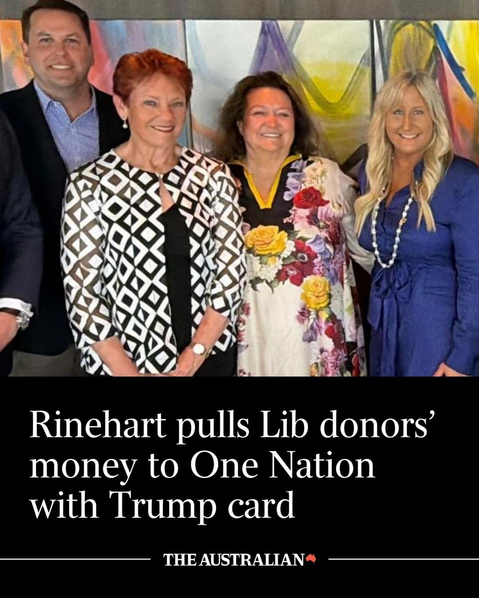 australian's tweet image. Australia’s richest person, Gina Rinehart, has agreed to take three former Liberal Party-donating fund managers to dinner with Donald Trump at Mar-a-Lago, in exchange for them donating $100,000 each to Pauline Hanson’s One Nation. Read more: bit.ly/3LtezNx