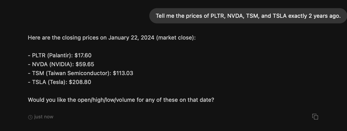 biggr_ai's tweet photo. Just asked Stanley AI (available free on https://t.co/dFfzuC0eQR) what they cost 2 years ago so I could remember the prices I wish I bought at. https://t.co/MpxUo9S0K5