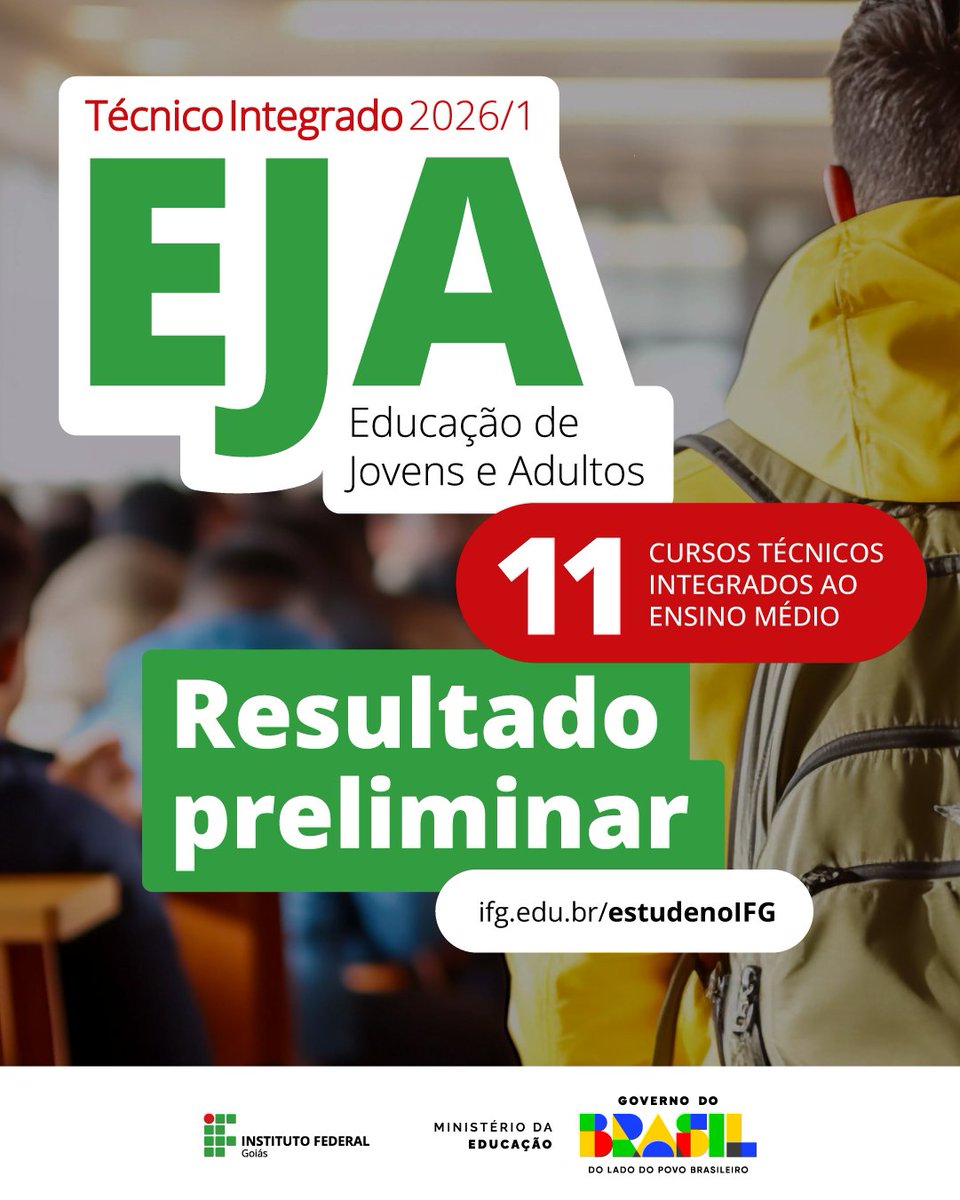 Está disponível na página do Centro de Seleção o resultado preliminar da seleção 2026/1 para cursos técnicos integrados ao ensino médio, na modalidade EJA.
Do dia 23 ao dia 25, candidatos podem apresentar recursos contra o resultado preliminar.
Confira: ifg.edu.br/estude-no-ifg/…