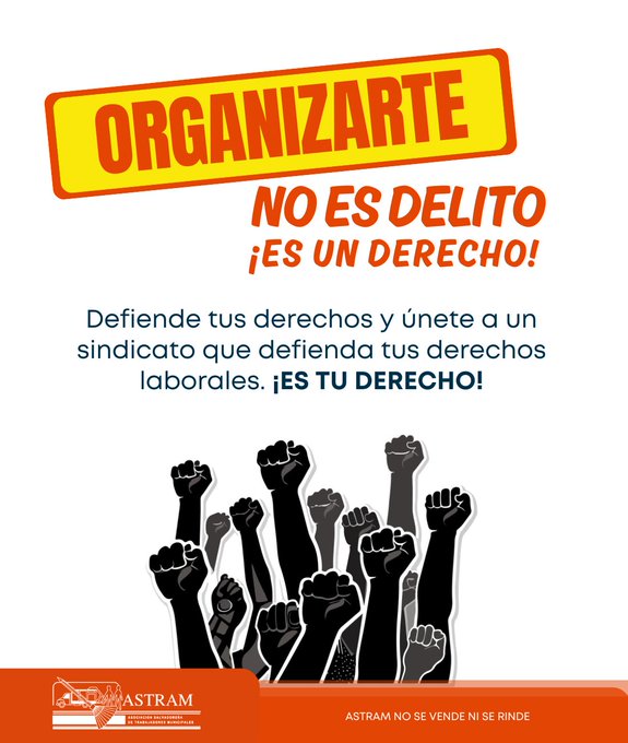 ASTRAMcomunity's tweet image. Organizarte no es delito, es un derecho.  La ley reconoce el derecho de los trabajadores a organizarse en sindicatos para defender sus intereses, mejorar sus condiciones laborales y exigir el cumplimiento de sus derechos.  

¡Unidos somos más fuertes!   Defender lo justo es…