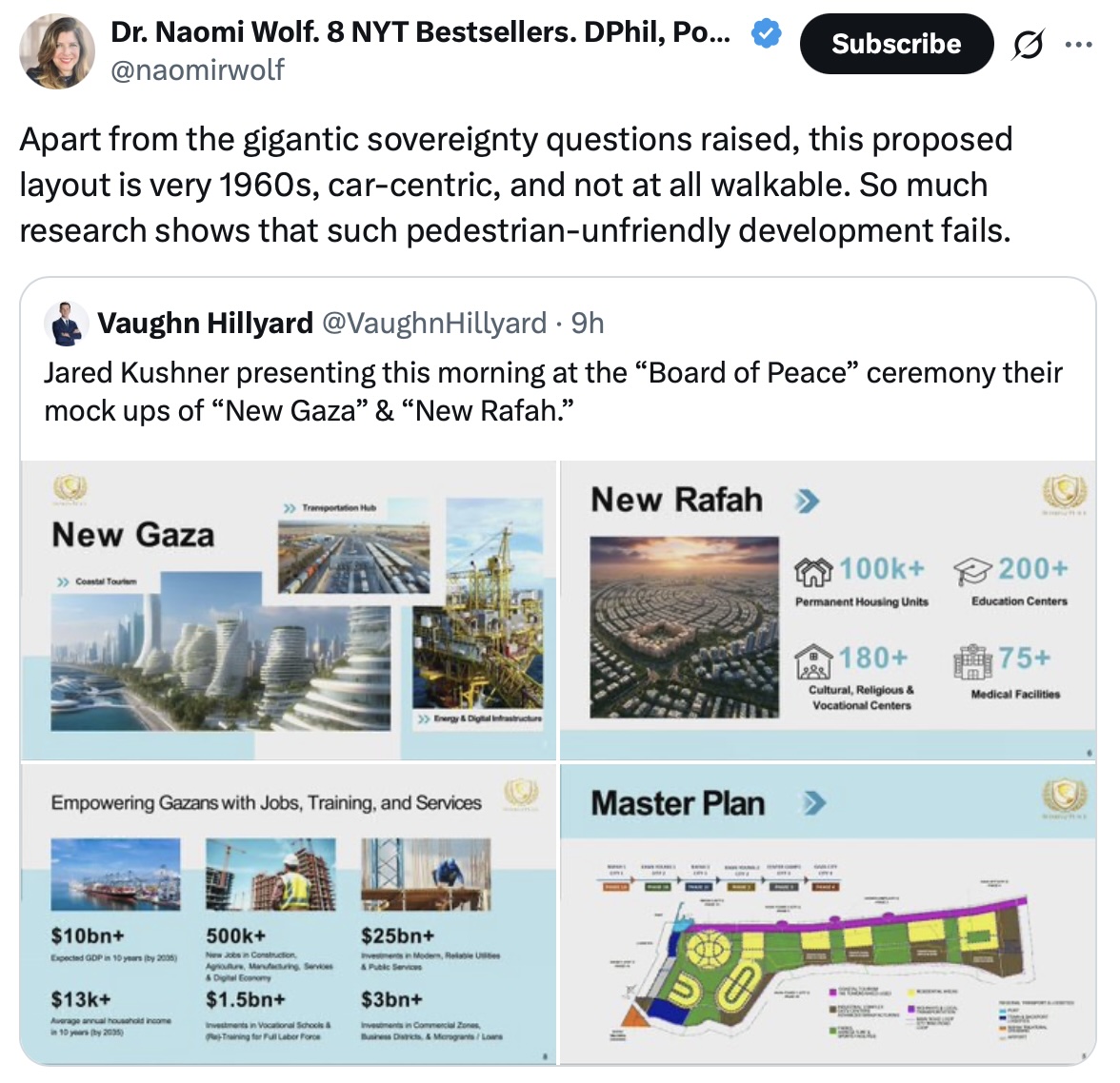 phl43's tweet image. Imagine thinking that the reason why Kushner's plan to turn Gaza into a futuristic paradise will not work is because he didn't make it walkable enough.