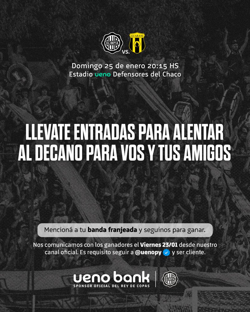 ¡Hinchas del Decano, llegó el momento! ⚫⚪
Este domingo 25, juega el <a href="/clubolimpia/">CLUBOLIMPIA</a> y vos y tu banda de amigos pueden vivir la emoción desde la cancha. 
#uenobank

Requisitos:
 📌Tenés que ser cliente y seguir a <a href="/uenopy/">ueno bank</a>
📌 @ a tus socios olimperos