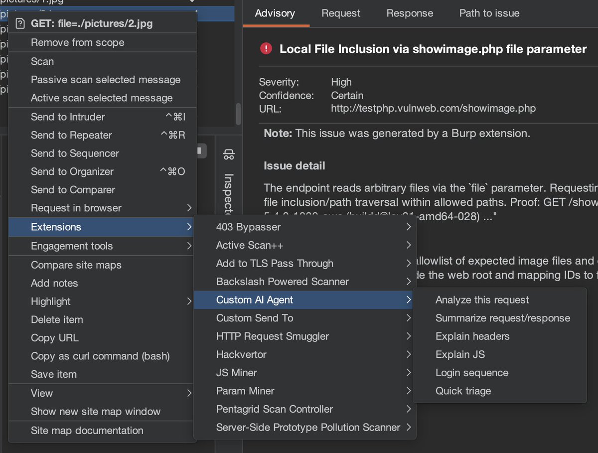 Six2dez1's tweet photo. Dev diary: Burp AI Agent
- Chat-first layout + sessions
- Context actions route to chat
- Creates issues
- Passive scanner
- Collapsible config
- Backend picker: @OpenAI, @claudeai, @GeminiApp, @ollama, @lmstudio, @opencode

Suggestions r welcome

#hacking #bugbounty #pentesting https://t.co/i5HKY4qE4u